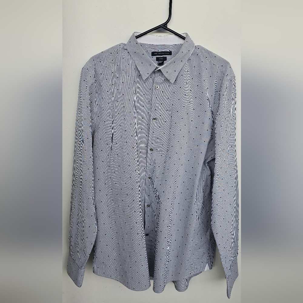 John Varvatos White Gray Striped Polka Dot Casual Shirt,Large